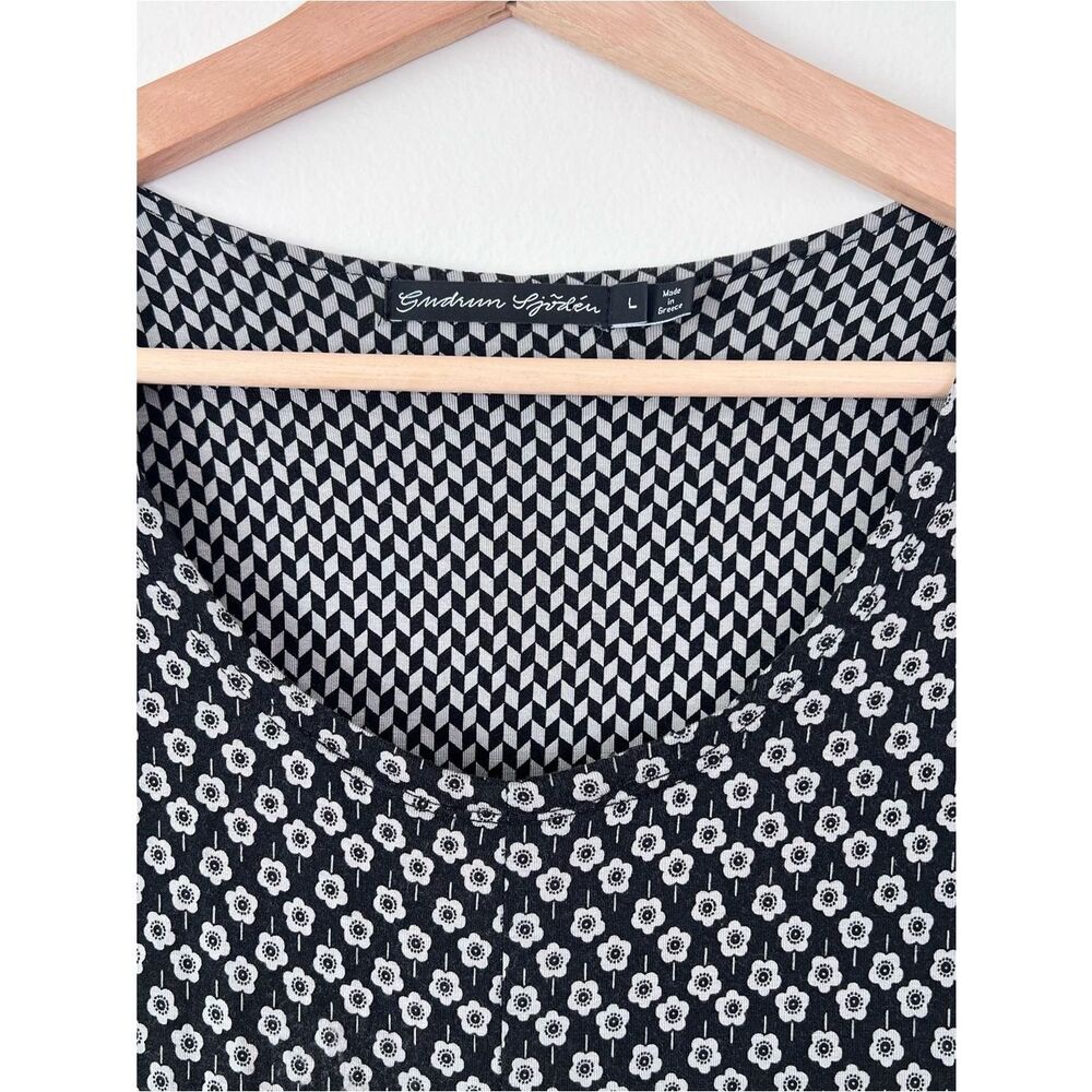 Gudrun Sjoden Mini Tunic Dress Womens Size L Black Gray Floral A-Line Swing - Picture 5 of 10